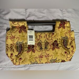 Nwt Wooden handle beaded tan/gold fabric handbag